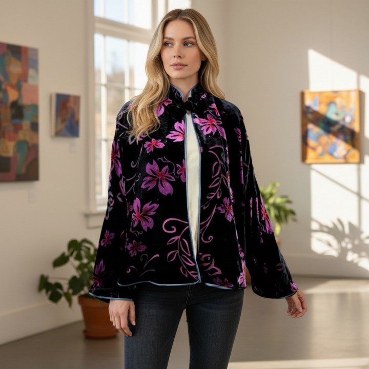 Flower velvet coat with one button ( black/ purple )